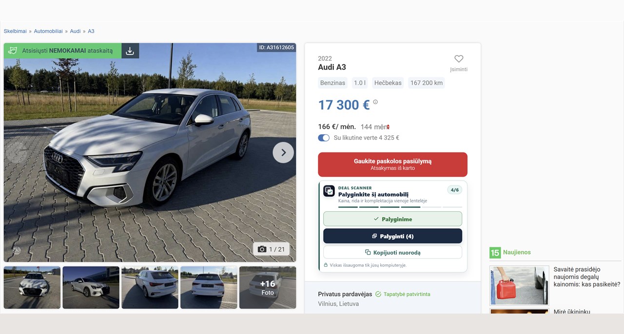 Skelbimo puslapis: Deal Scanner kortelė po kaina — automobilis pridedamas vienu paspaudimu.